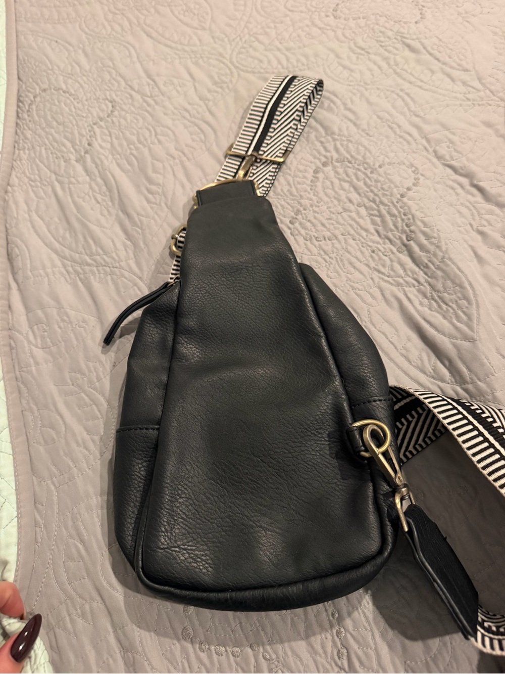 Anthropologie Black Leather Sling Bag with Patterned Strap